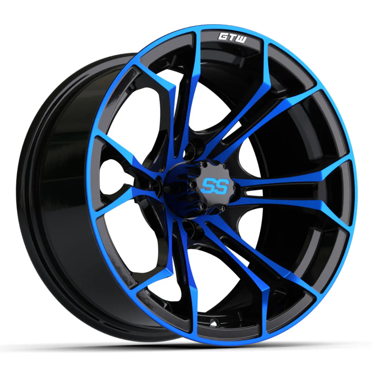 14" GTW Spyder Blue and Black Wheels with Low Profile Golf Cart Tire
