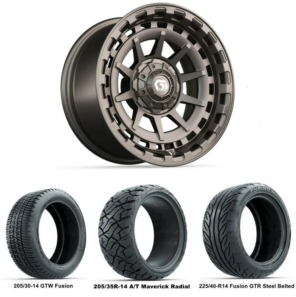 14" GTW Barricade Satin Bronze Wheels with Low Profile Golf Cart Tire