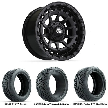 14" GTW Barricade Gloss Black Wheels with Low Profile Golf Cart Tire
