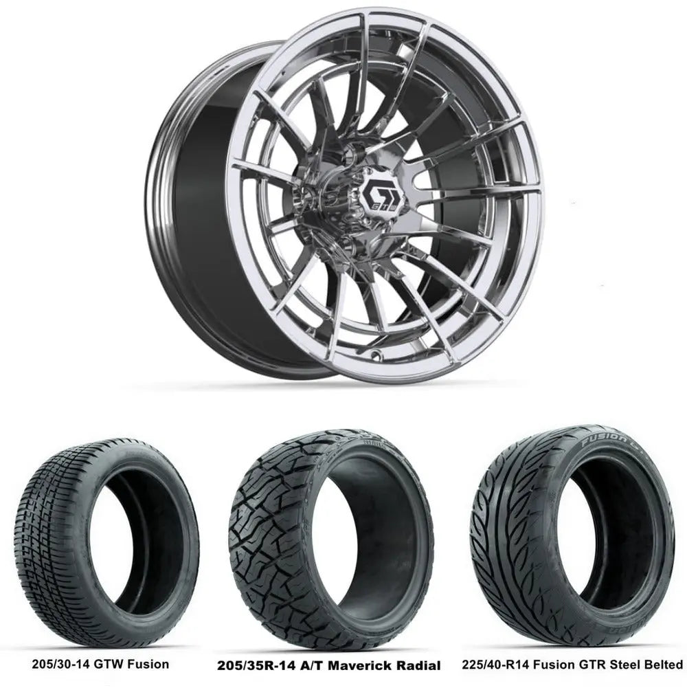 14" GTW Boost Chrome Wheels with Low Profile Golf Cart Tire