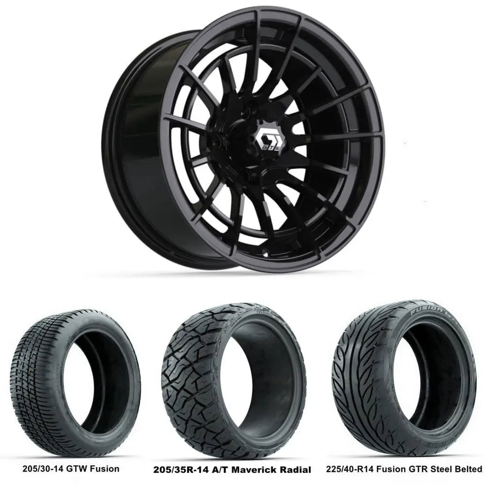 14" GTW Boost Gloss Black Wheels with Low Profile Golf Cart Tire