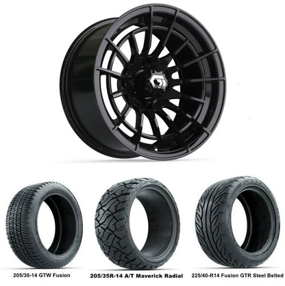 14" GTW Boost Gloss Black Wheels with Low Profile Golf Cart Tire