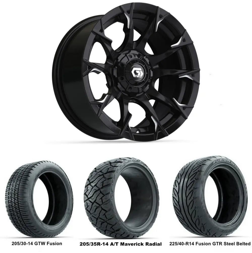 14" GTW Diablo Machined Black Wheels with Low Profile Golf Cart Tire