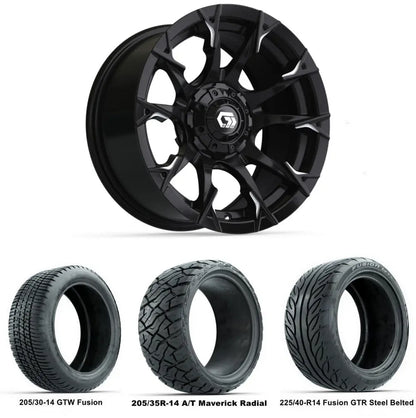14" GTW Diablo Machined Black Wheels with Low Profile Golf Cart Tire