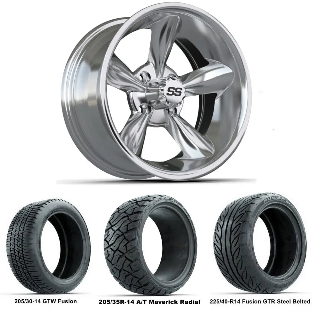 14" GTW Godfather Chrome Wheels with Low Profile Golf Cart Tire