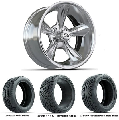 14" GTW Godfather Chrome Wheels with Low Profile Golf Cart Tire