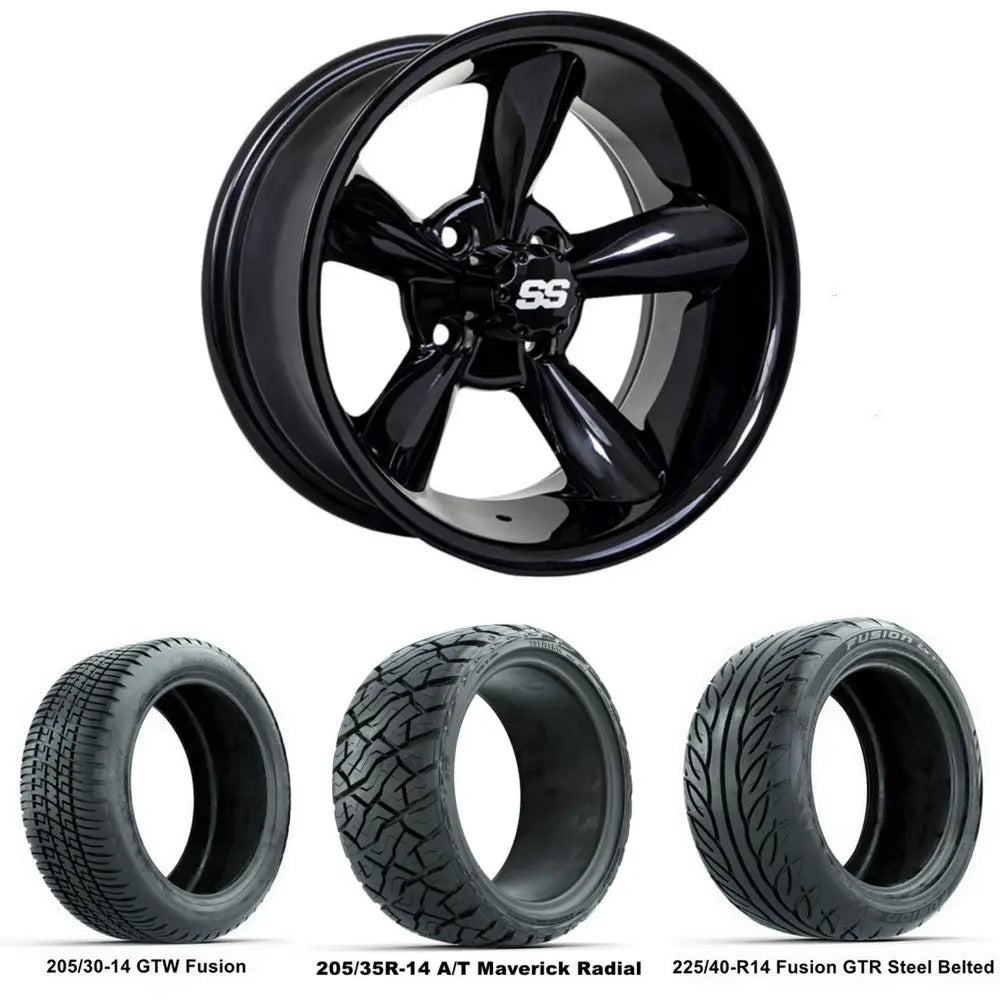 14" GTW Godfather Gloss Black Wheels with Low Profile Golf Cart Tire