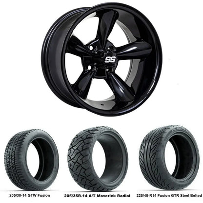 14" GTW Godfather Gloss Black Wheels with Low Profile Golf Cart Tire