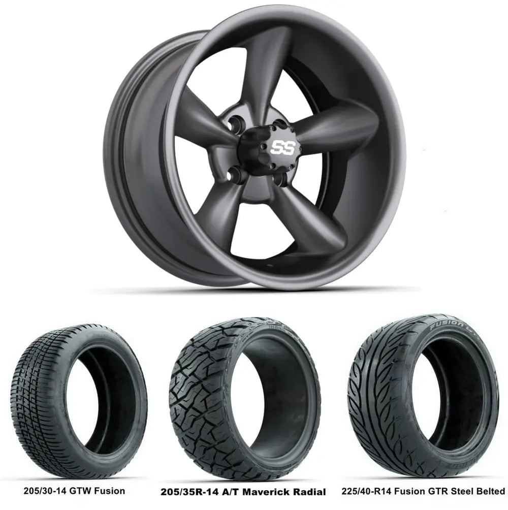 14" GTW Godfather Matte Grey Wheels with Low Profile Golf Cart Tire