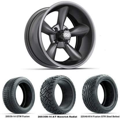 14" GTW Godfather Matte Grey Wheels with Low Profile Golf Cart Tire