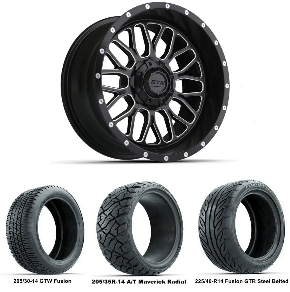 14" GTW Helix Machined Black Wheels with Low Profile Golf Cart Tire