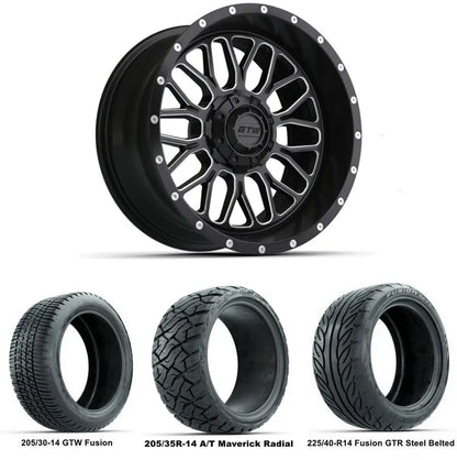 14" GTW Helix Machined Black Wheels with Low Profile Golf Cart Tire