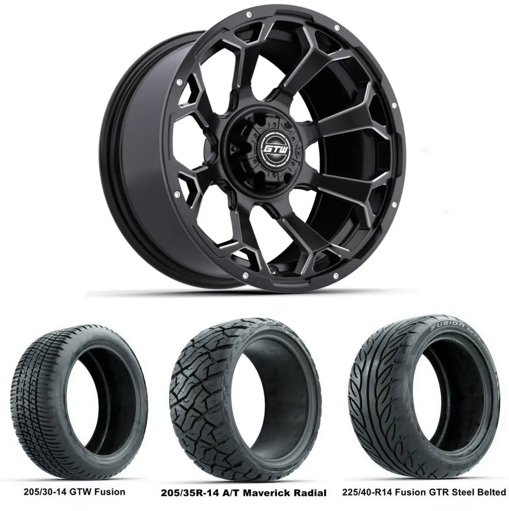 14" GTW Raven Machined Black Wheels with Low Profile Golf Cart Tire
