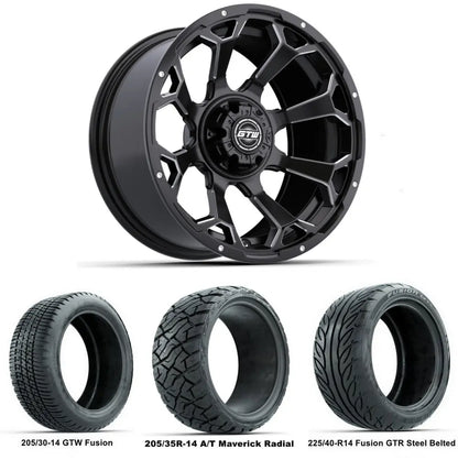 14" GTW Raven Machined Black Wheels with Low Profile Golf Cart Tire
