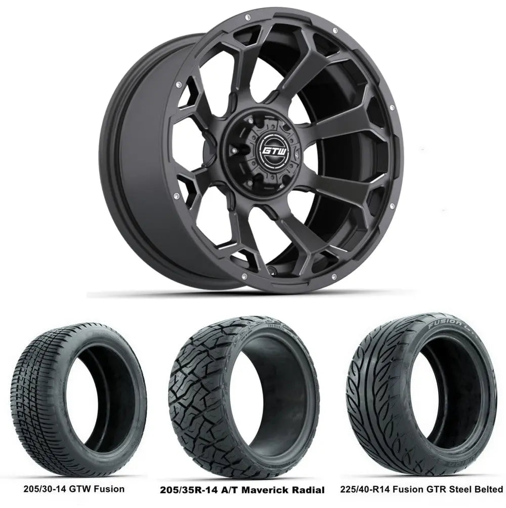 14" GTW Raven Matte Grey Wheels with Low Profile Golf Cart Tire