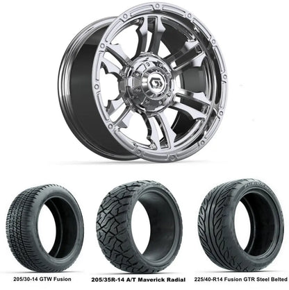 14" GTW Shogun Chrome Wheel with Low Profile Golf Cart Tires