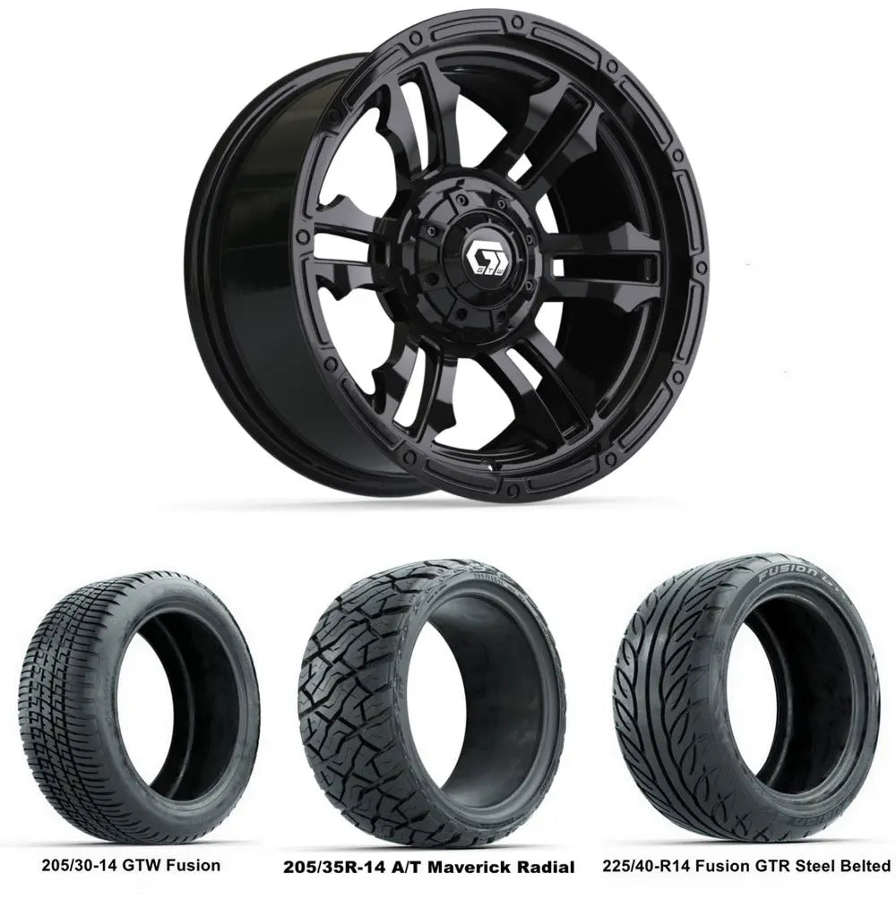 14" GTW Shogun Gloss Black Wheels with Low Profile Golf Cart Tire