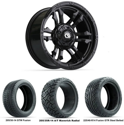 14" GTW Shogun Gloss Black Wheels with Low Profile Golf Cart Tire