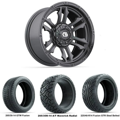 14" GTW Shogun Gloss Gunmetal Wheels with Low Profile Golf Cart Tire