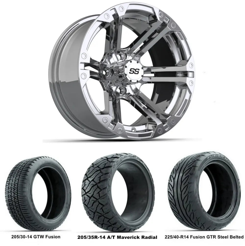 14" GTW Specter Chrome Wheels with Low Profile Golf Cart Tire