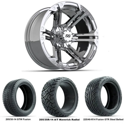 14" GTW Specter Chrome Wheels with Low Profile Golf Cart Tire