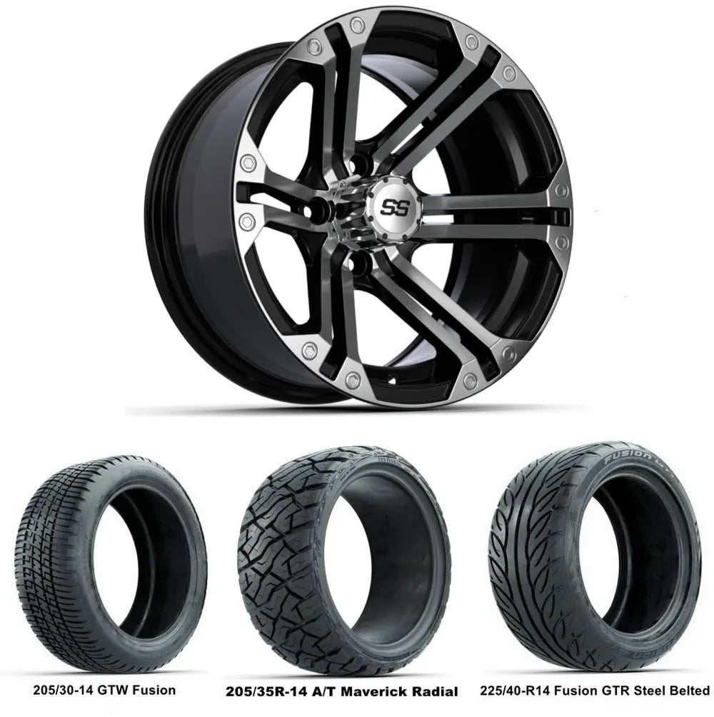 14" GTW Specter Machined Black Wheels with Low Profile Golf Cart Tire