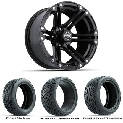 14" GTW Specter Matte Black Wheels with Low Profile Golf Cart Tire