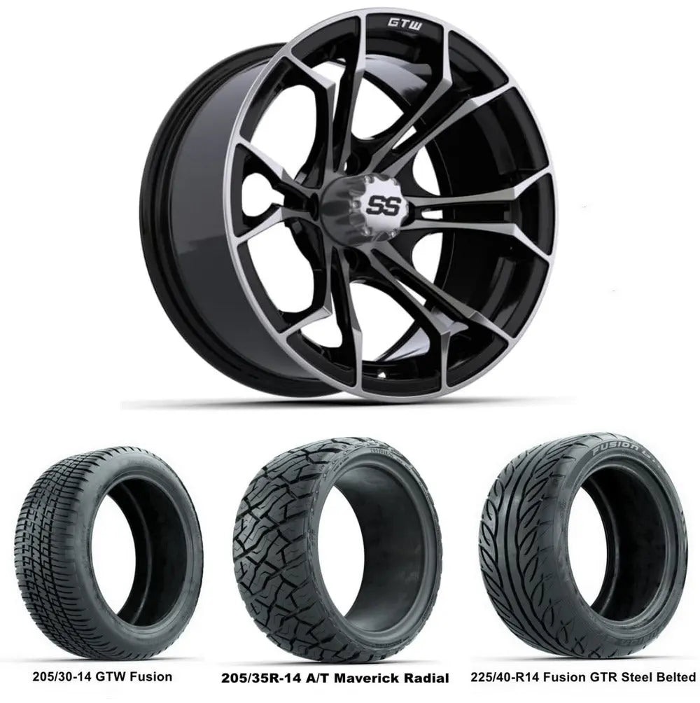 14" GTW Spyder Machined Black Wheels with Low Profile Golf Cart Tire