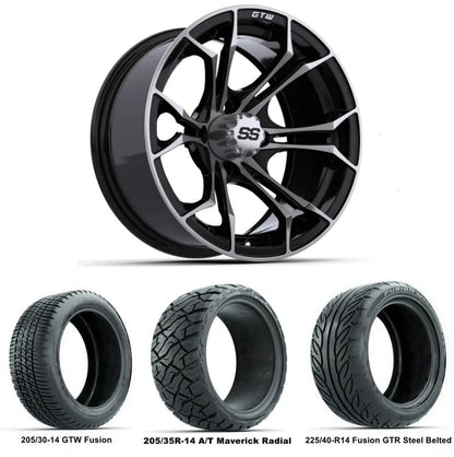 14" GTW Spyder Machined Black Wheels with Low Profile Golf Cart Tire