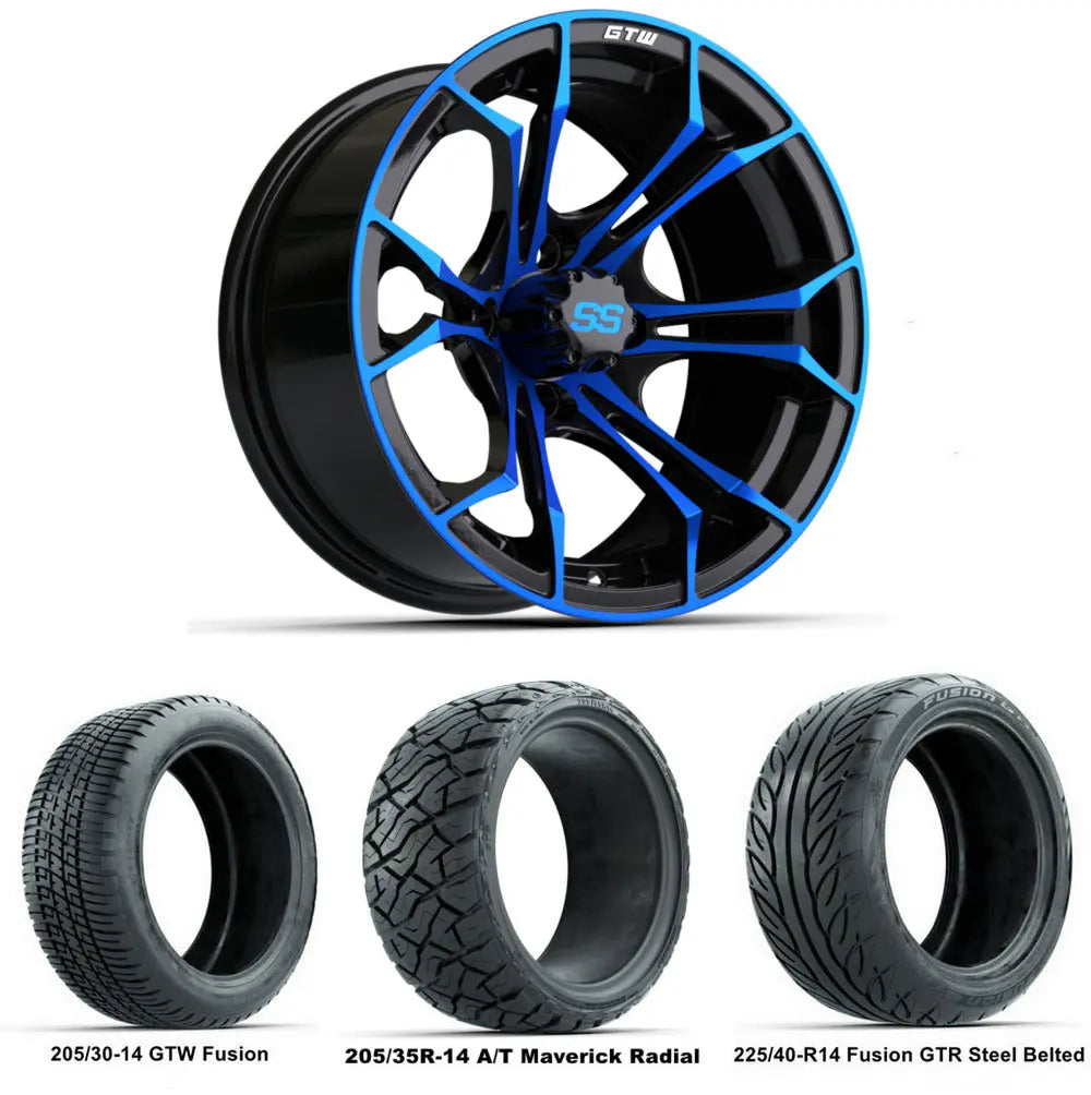 14" GTW Spyder Blue and Black Wheels with Low Profile Golf Cart Tire