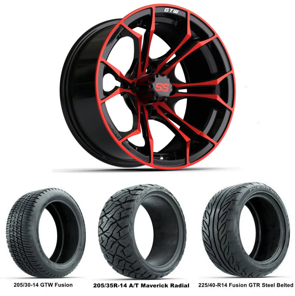 14" GTW Spyder Red and Black Wheels with Low Profile Golf Cart Tire