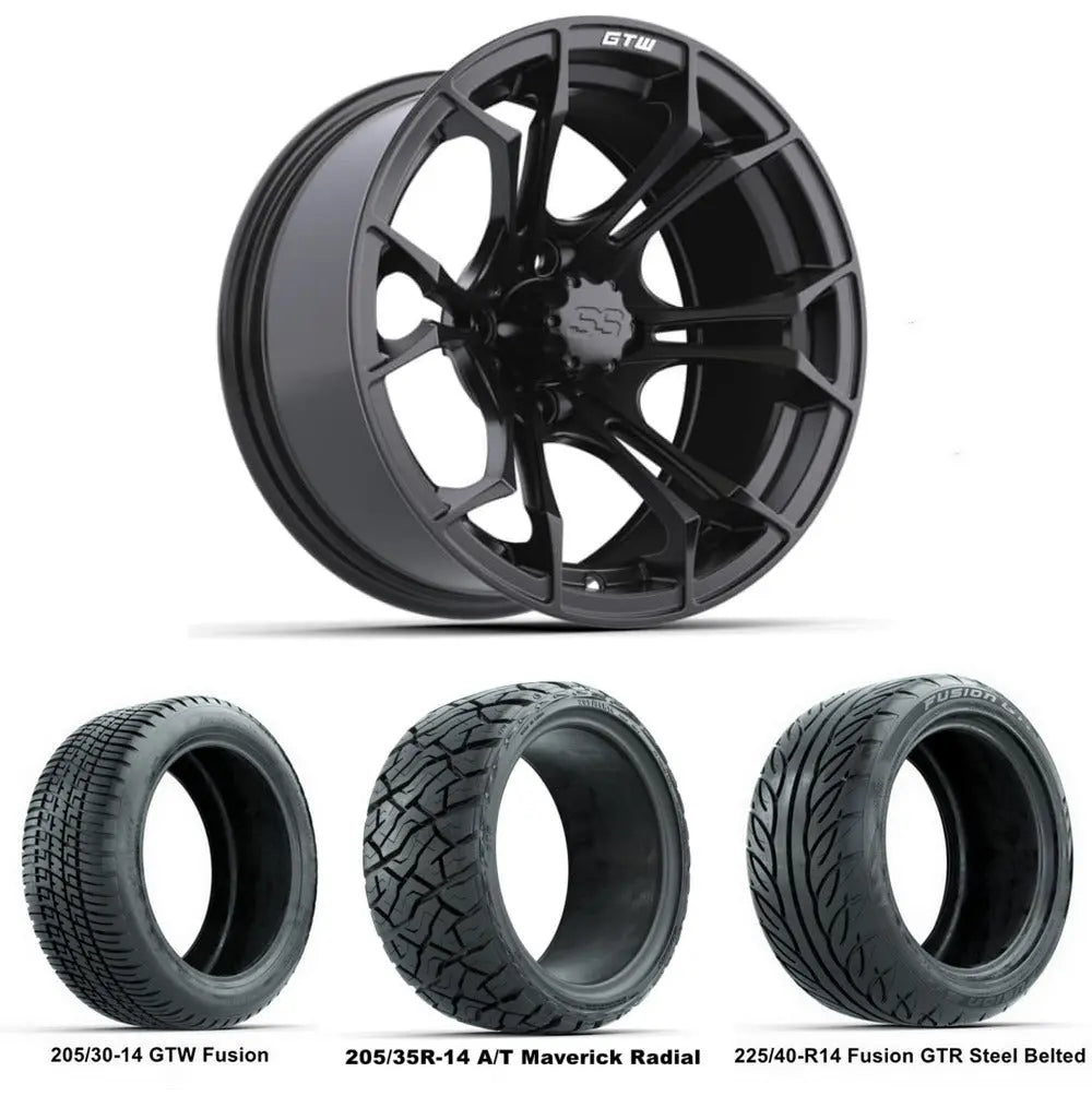 14" GTW Spyder Matte Black Wheels with Low Profile Golf Cart Tire