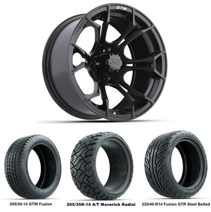 14" GTW Spyder Matte Black Wheels with Low Profile Golf Cart Tire