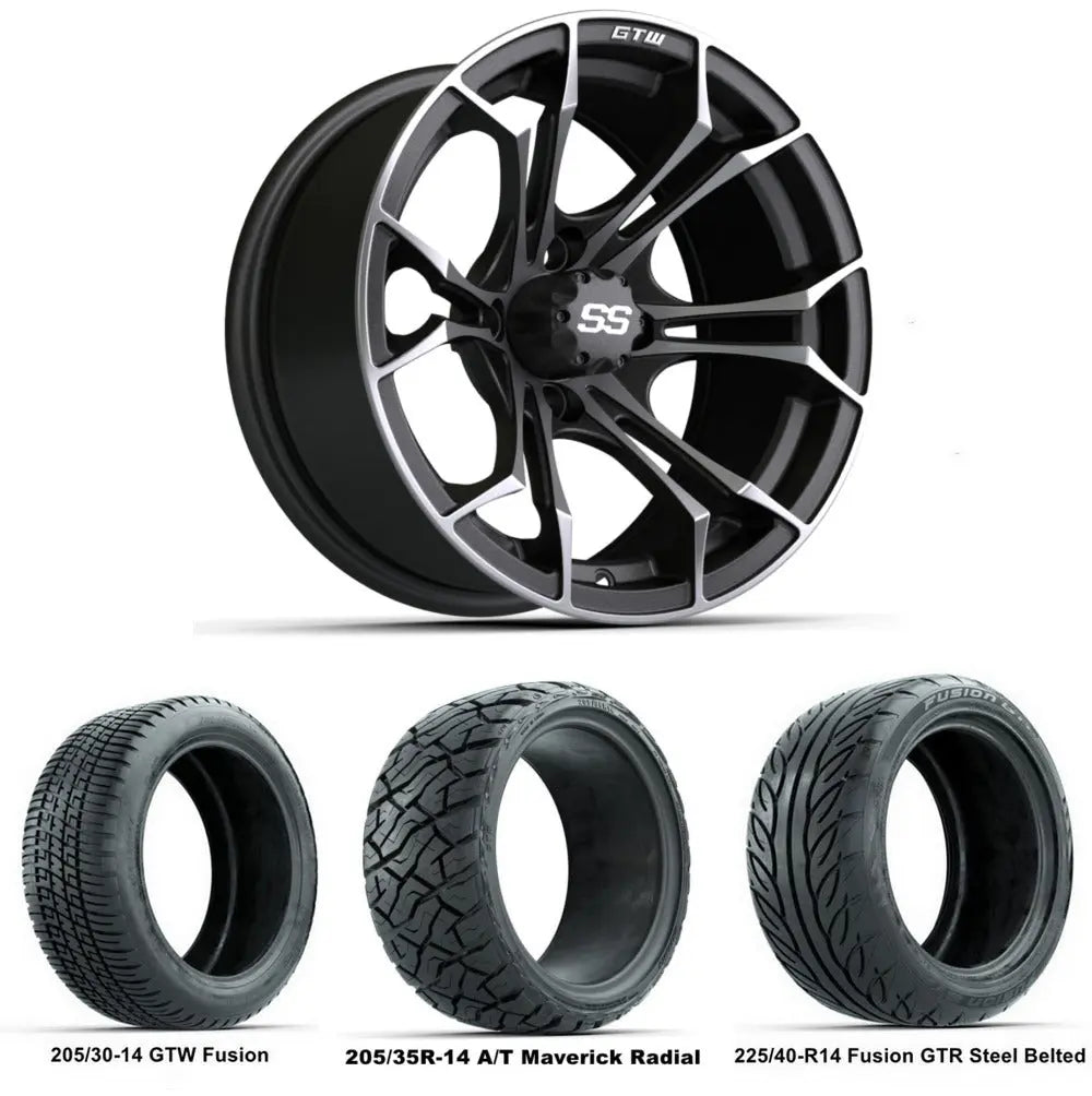 14" GTW Spyder Matte Grey Wheels with Low Profile Golf Cart Tire