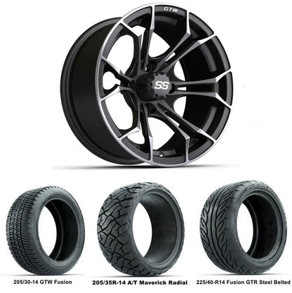 14" GTW Spyder Matte Grey Wheels with Low Profile Golf Cart Tire