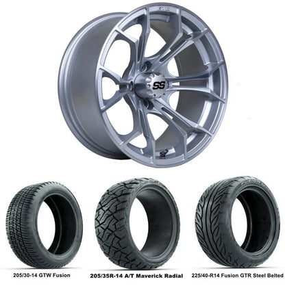 14" GTW Spyder Matte Silver Wheels with Low Profile Golf Cart Tire