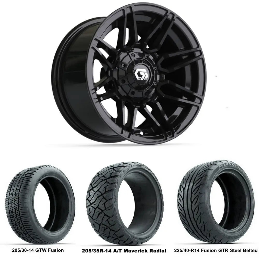 14" GTW Stealth Gloss Black Wheels with Low Profile Golf Cart Tire