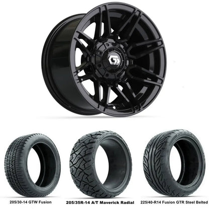 14" GTW Stealth Gloss Black Wheels with Low Profile Golf Cart Tire