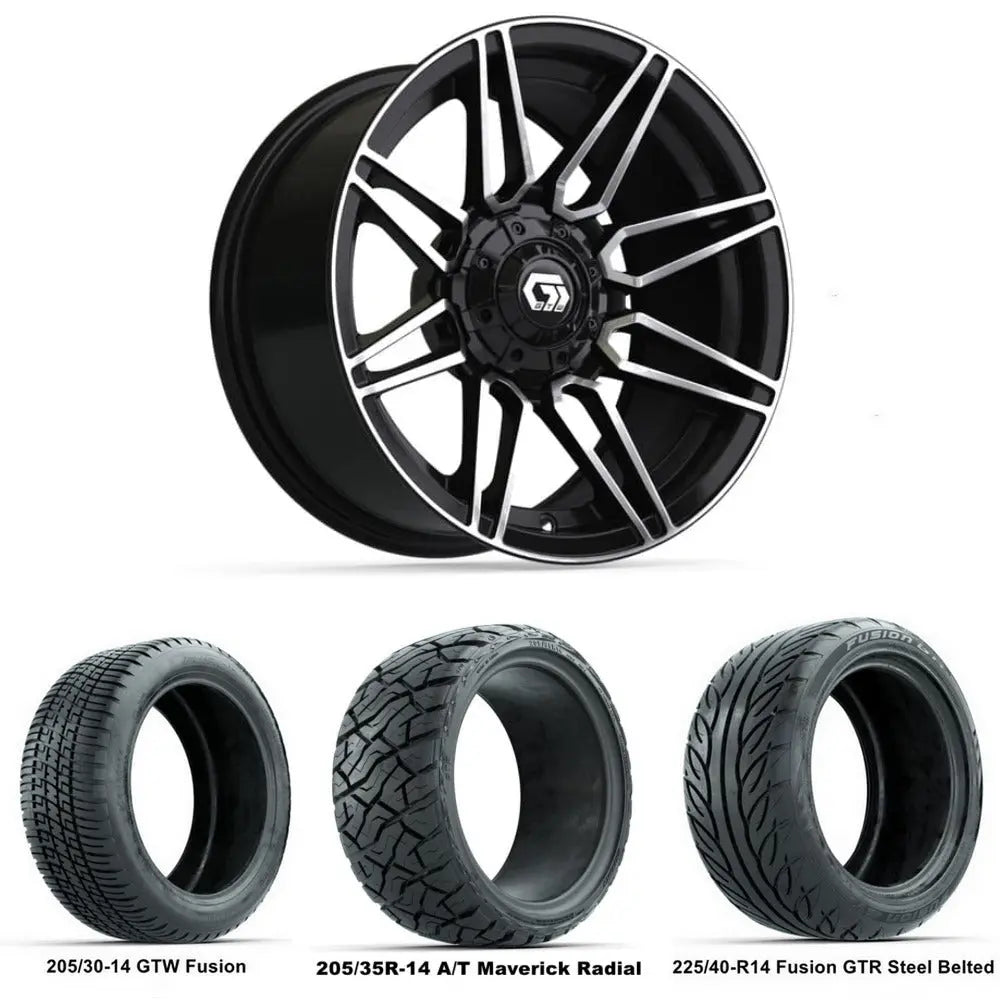 14" GTW Stealth Machined Black Wheels with Low Profile Golf Cart Tire
