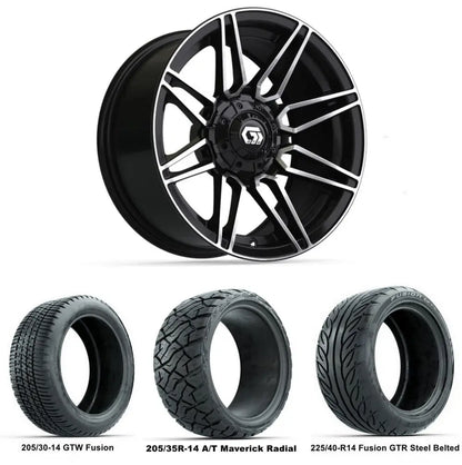 14" GTW Stealth Machined Black Wheels with Low Profile Golf Cart Tire