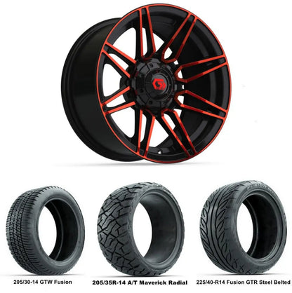 14" GTW Stealth Red and Black Wheels with Low Profile Golf Cart Tire