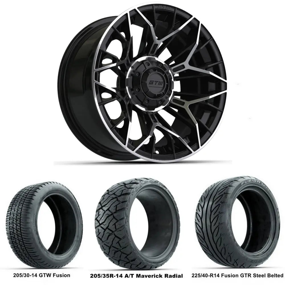 14" GTW Stellar Machined Black Wheels with Low Profile Golf Cart Tire