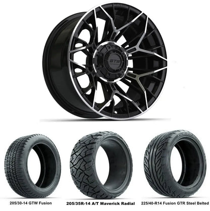 14" GTW Stellar Machined Black Wheels with Low Profile Golf Cart Tire