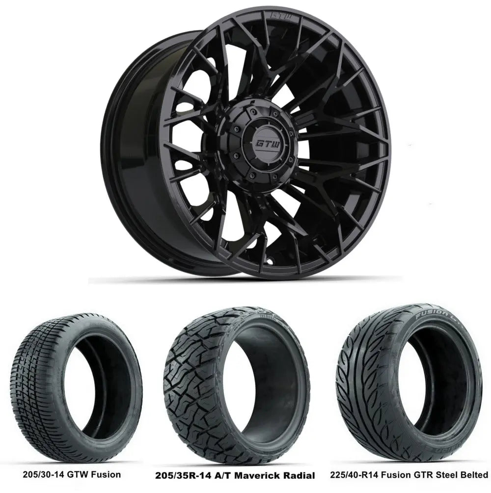 14" GTW Stellar Matte Black Wheels with Low Profile Golf Cart Tire
