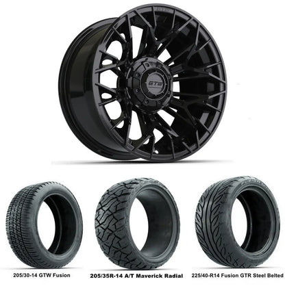 14" GTW Stellar Matte Black Wheels with Low Profile Golf Cart Tire