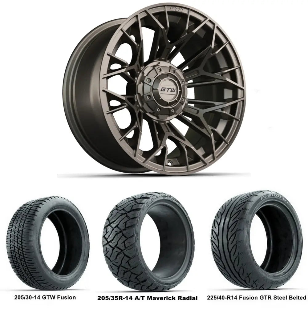 14" GTW Stellar Matte Bronze Wheels with Low Profile Golf Cart Tire