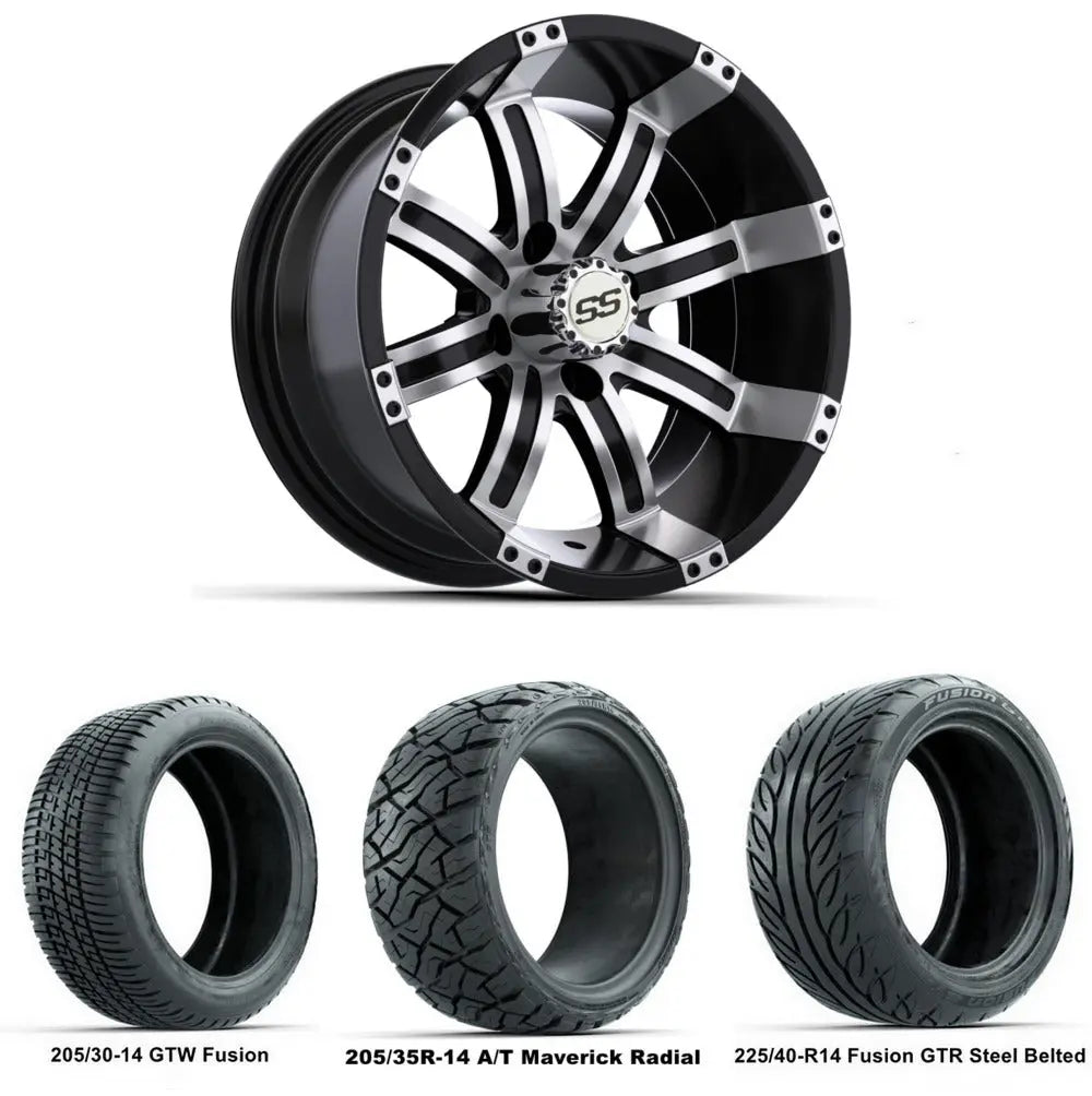 14" GTW Tempest Machined Black Wheels with Low Profile Golf Cart Tire