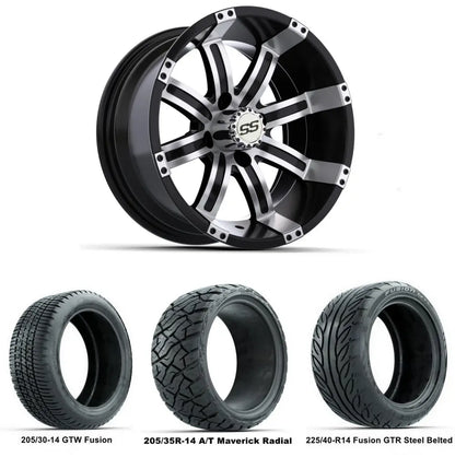 14" GTW Tempest Machined Black Wheels with Low Profile Golf Cart Tire
