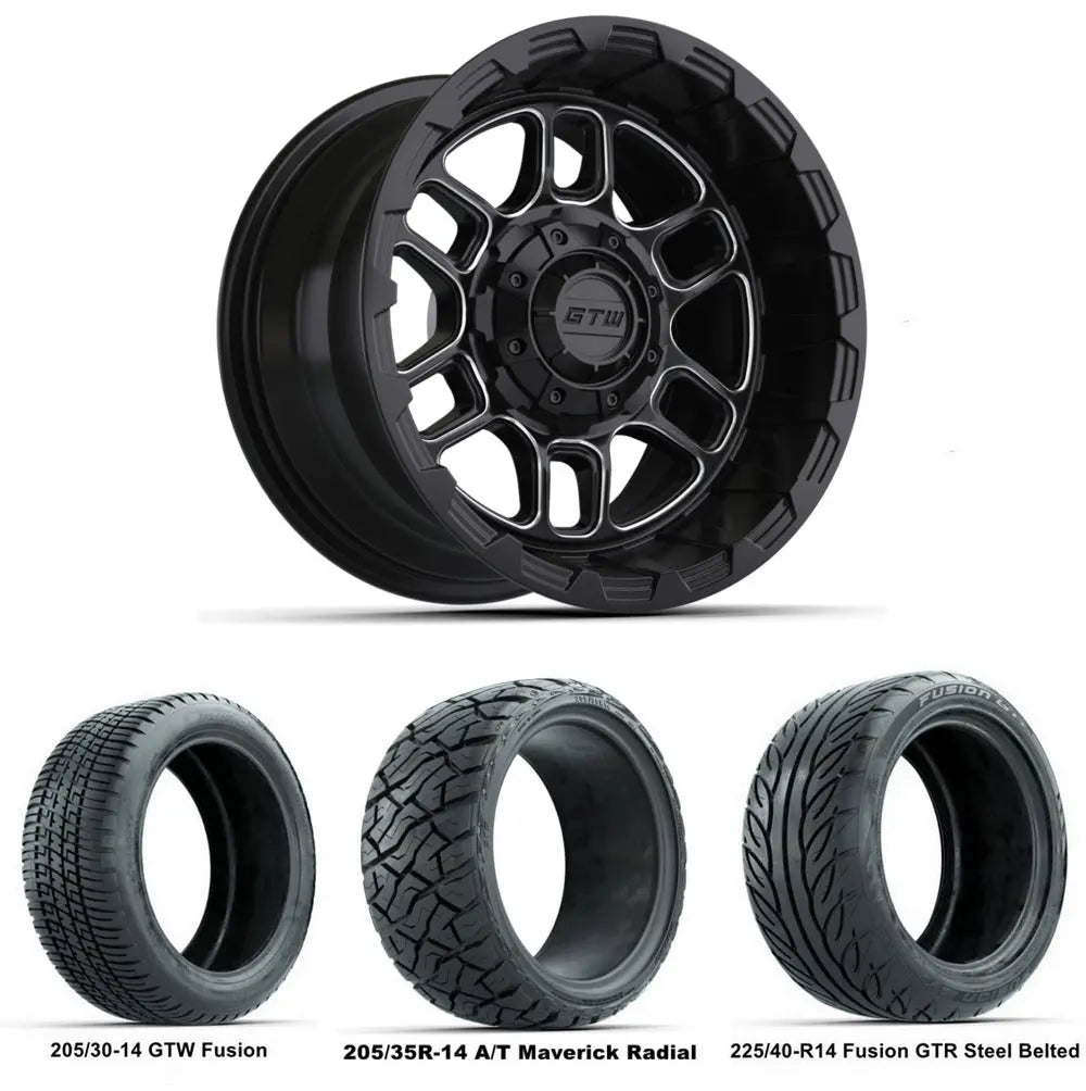 14" GTW Titan Machined Black Wheels with Low Profile Golf Cart Tire