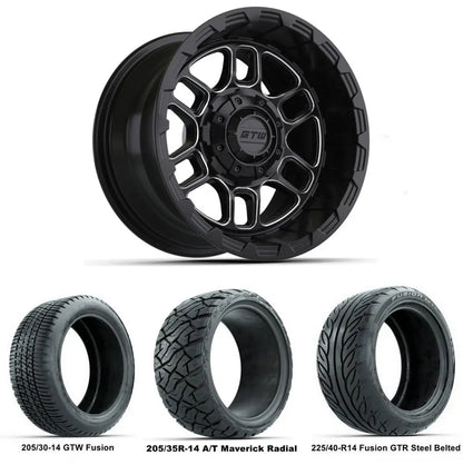14" GTW Titan Machined Black Wheels with Low Profile Golf Cart Tire